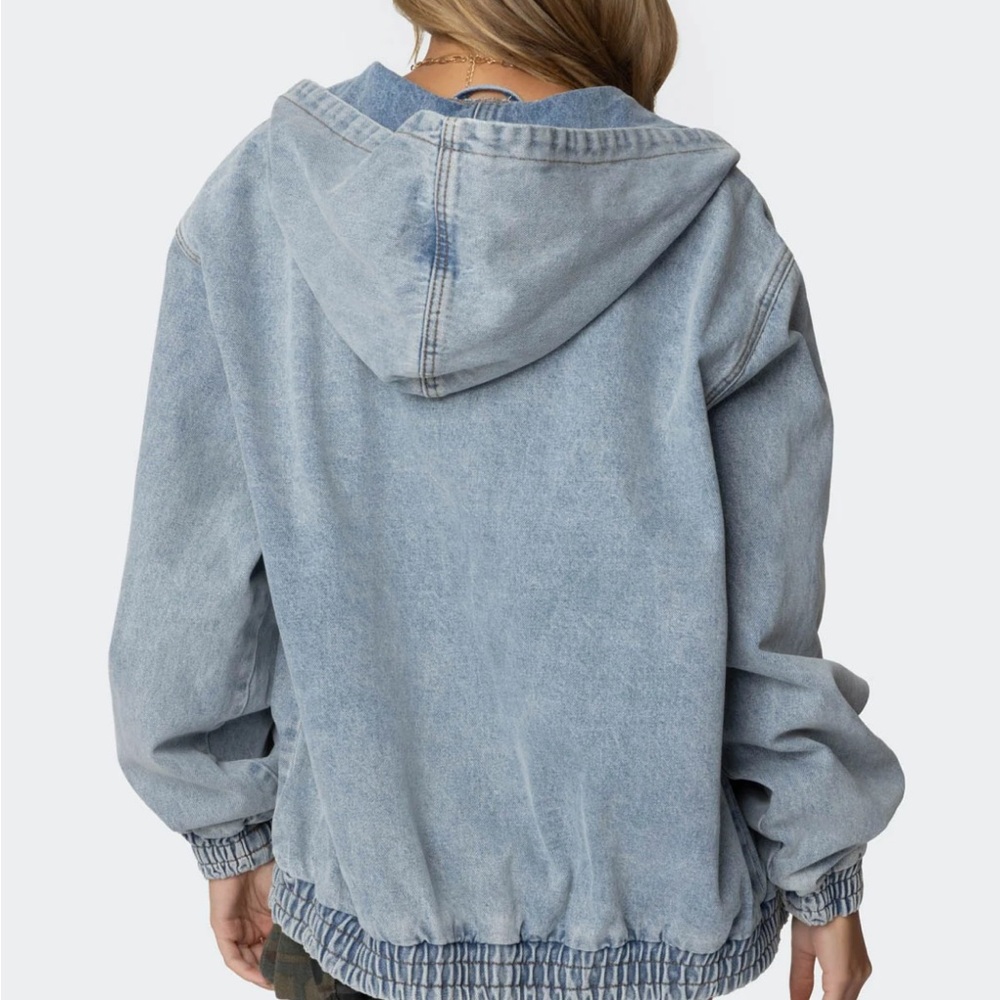 Edikted Hooded Vintage Washed Denim Bomber Jacket Size M - Picture 6 of 6